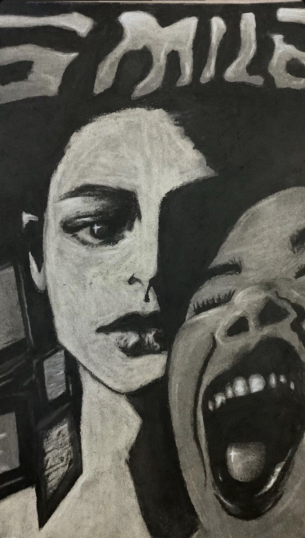 Monochrome artwork of calm woman and screaming person
