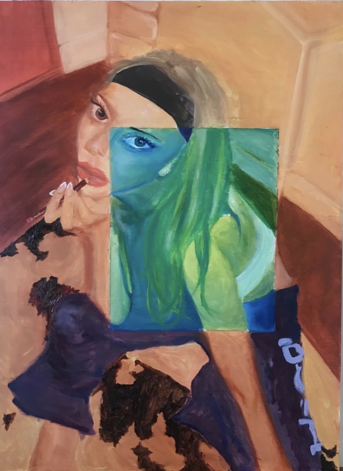 Surreal fragmented portrait with green-blue inset