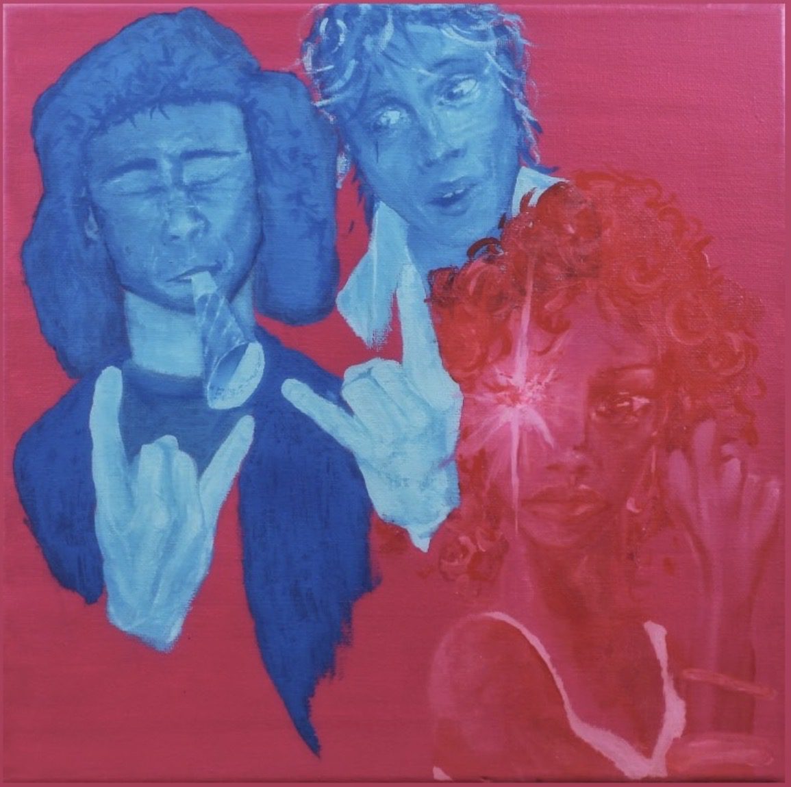 Blue and pink painting of three faces