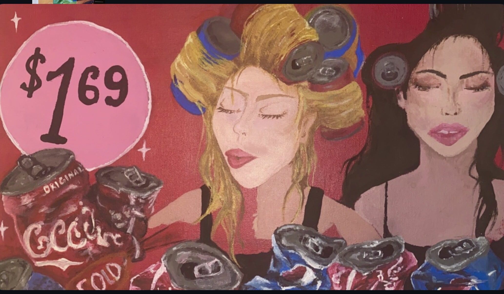 Painting of two women with curlers, crushed cans